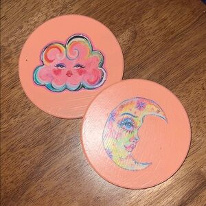 Hand painted decoupage Peach Coasters with Cloud and Moon Design set of 2